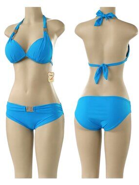 Turquoise Push Up Halter Bikini Set Crystal Accent Padded Swimsuit Size L